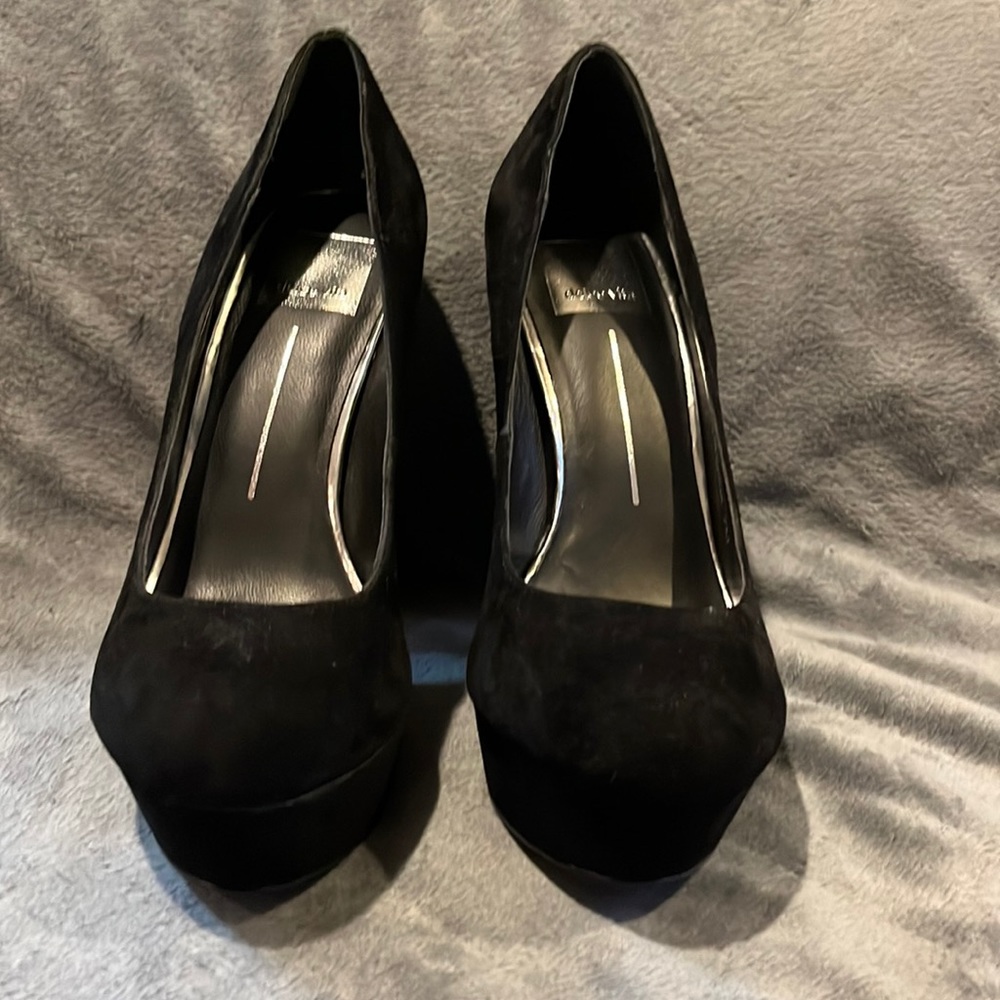 Black suede, size 7, 4 inch heel, with a 1 inch platform